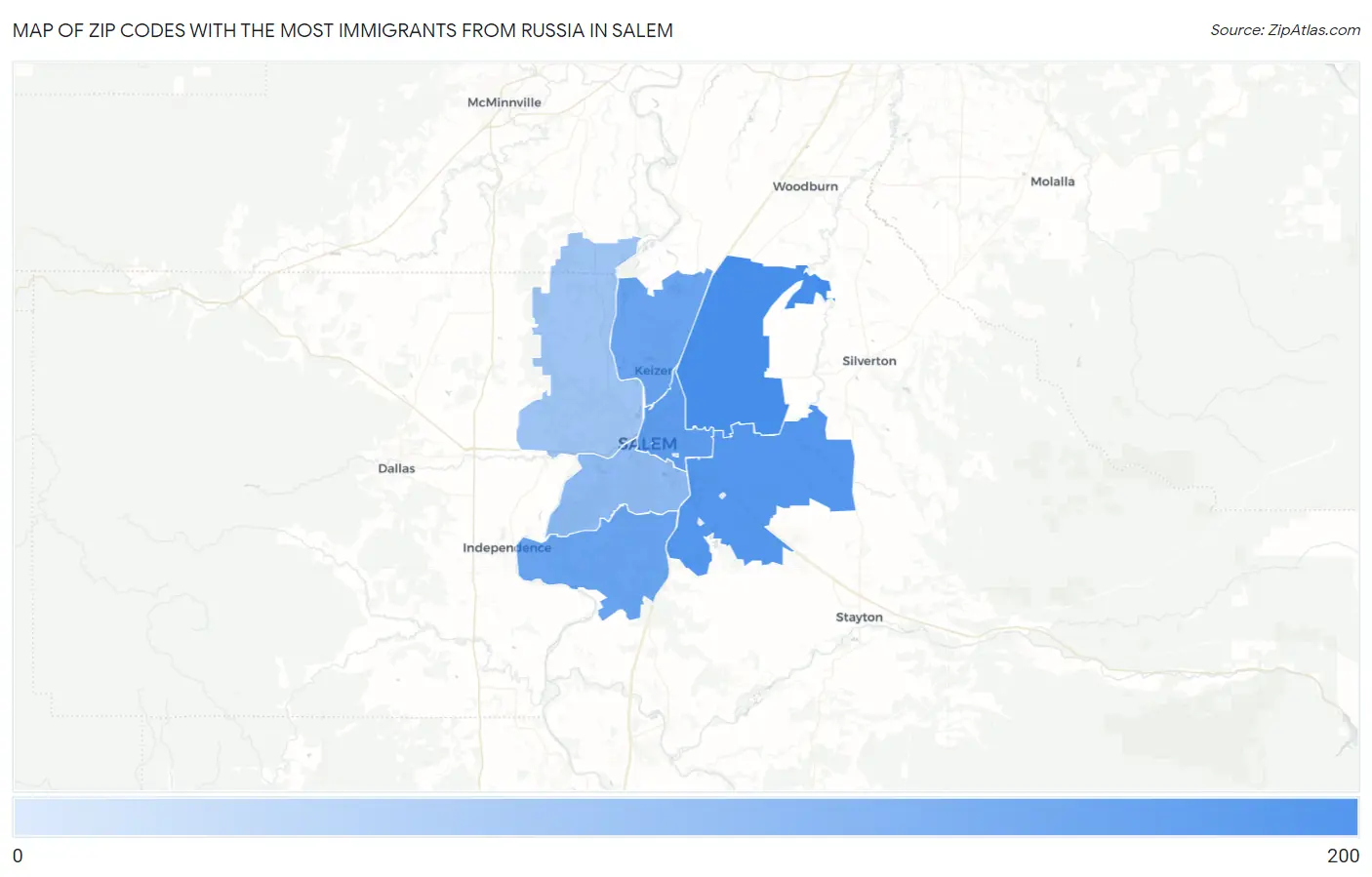 Zip Codes with the Most Immigrants from Russia in Salem Map