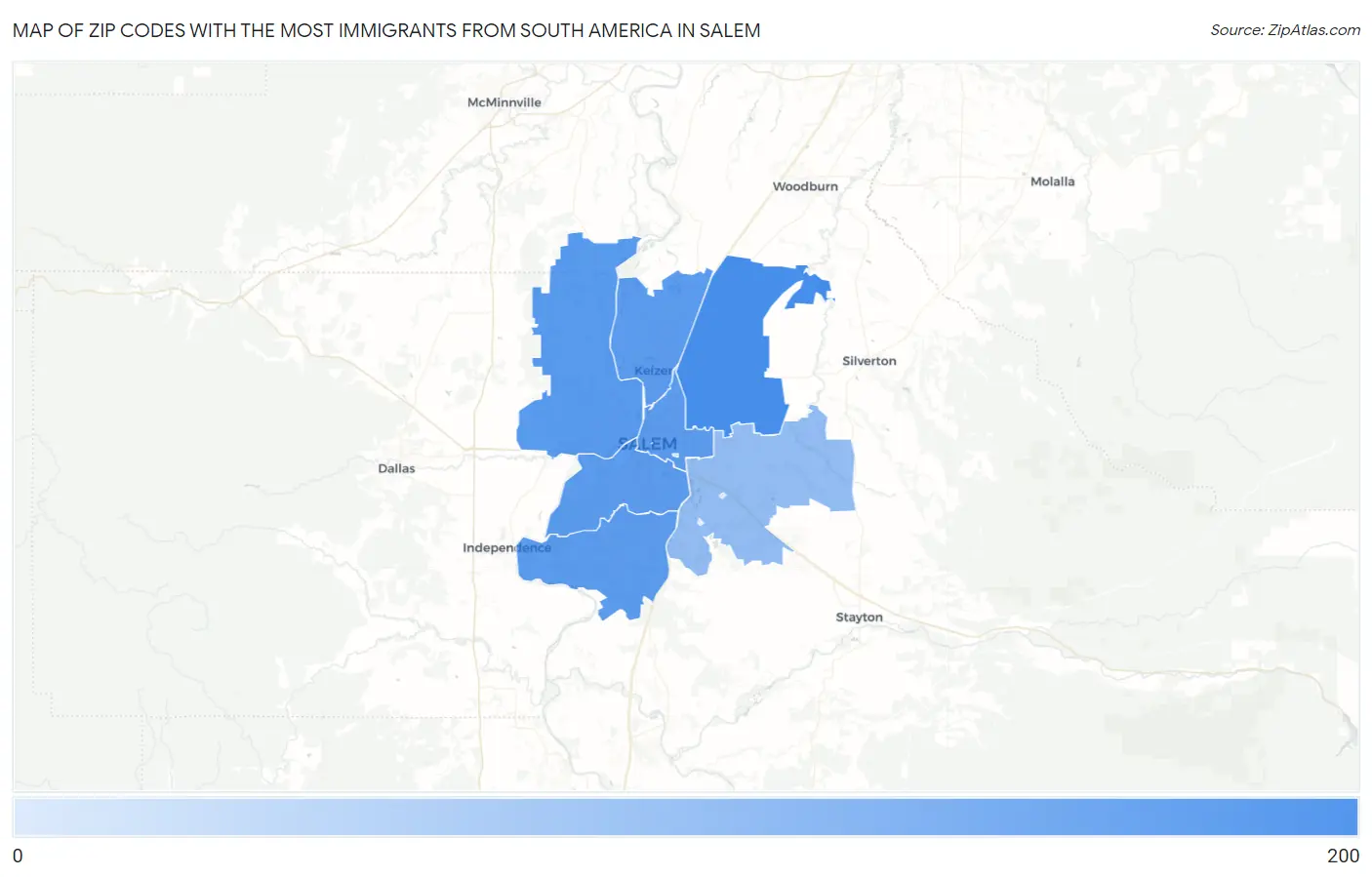 Zip Codes with the Most Immigrants from South America in Salem Map