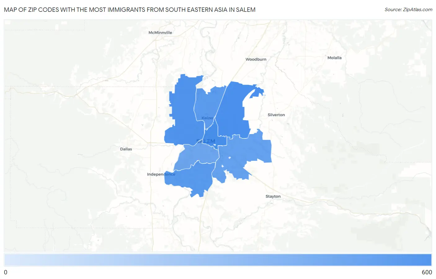 Zip Codes with the Most Immigrants from South Eastern Asia in Salem Map