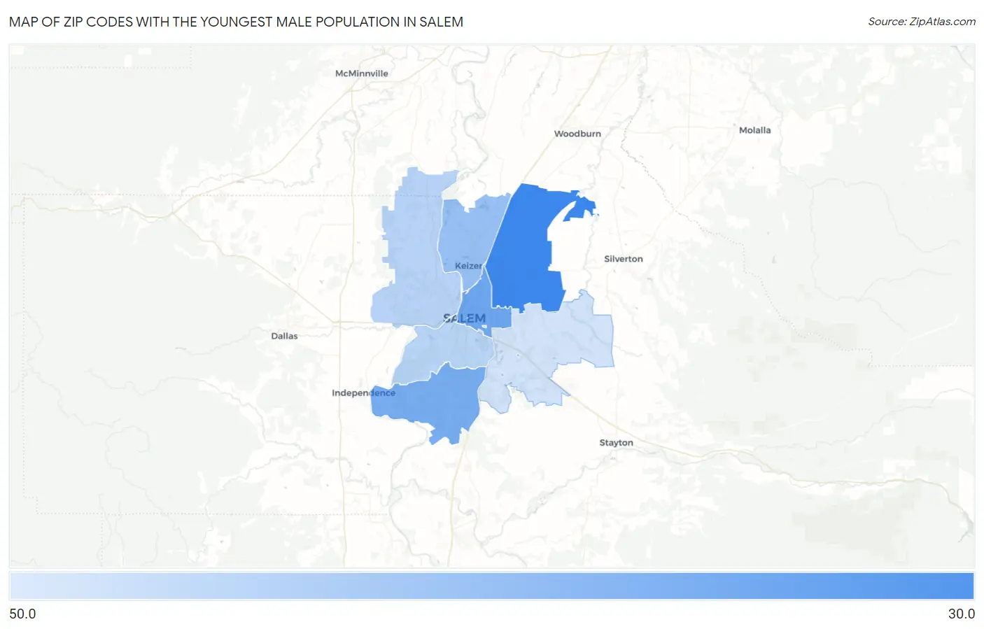 Zip Codes with the Youngest Male Population in Salem Map