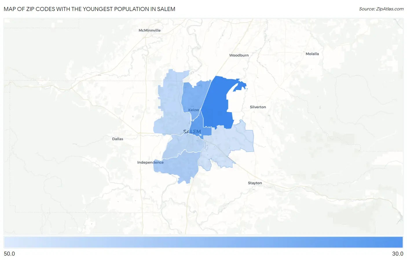 Zip Codes with the Youngest Population in Salem Map