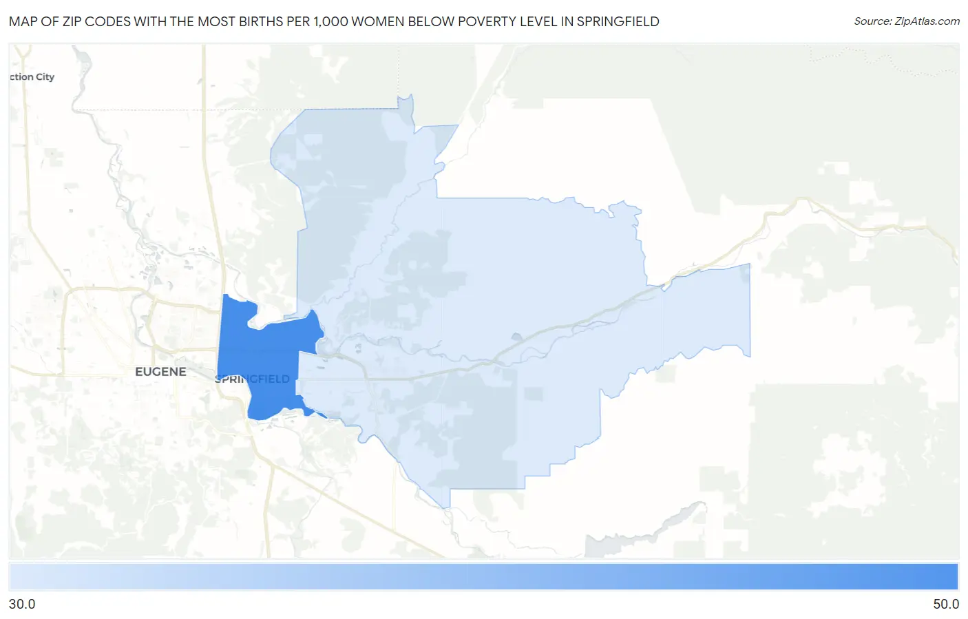 Zip Codes with the Most Births per 1,000 Women Below Poverty Level in Springfield Map