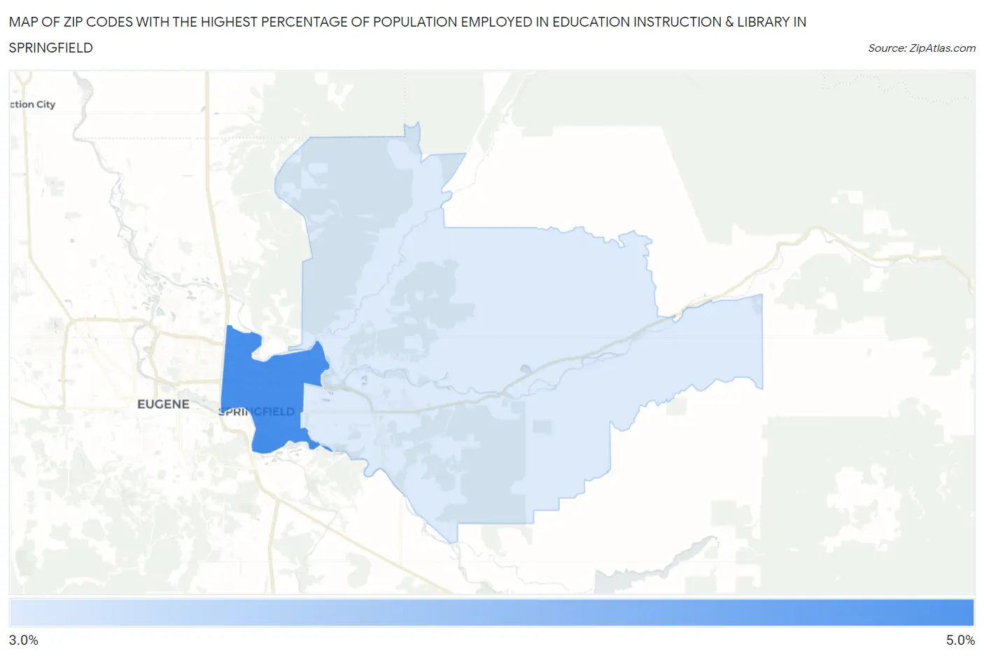 Zip Codes with the Highest Percentage of Population Employed in Education Instruction & Library in Springfield Map