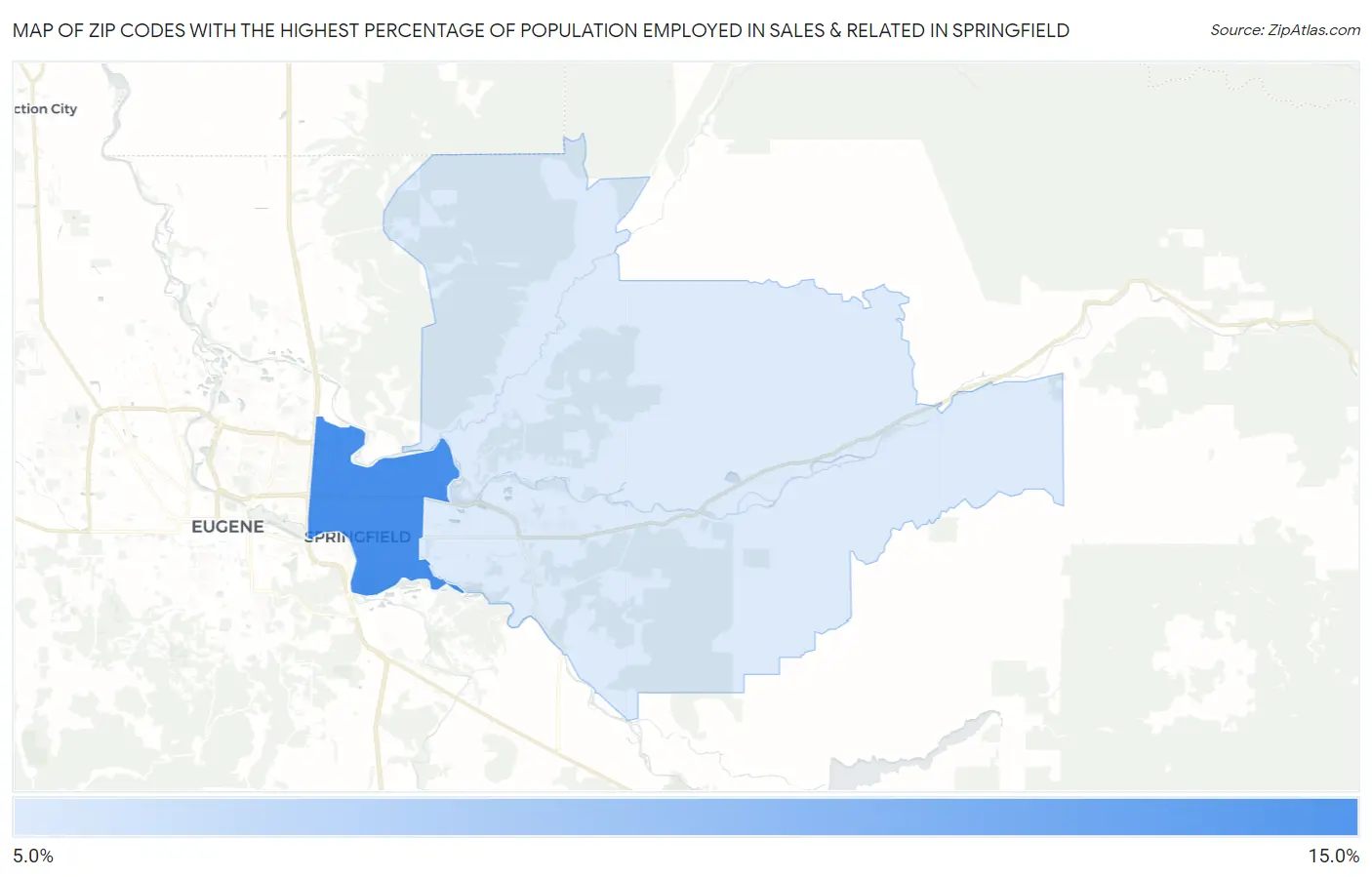 Zip Codes with the Highest Percentage of Population Employed in Sales & Related in Springfield Map