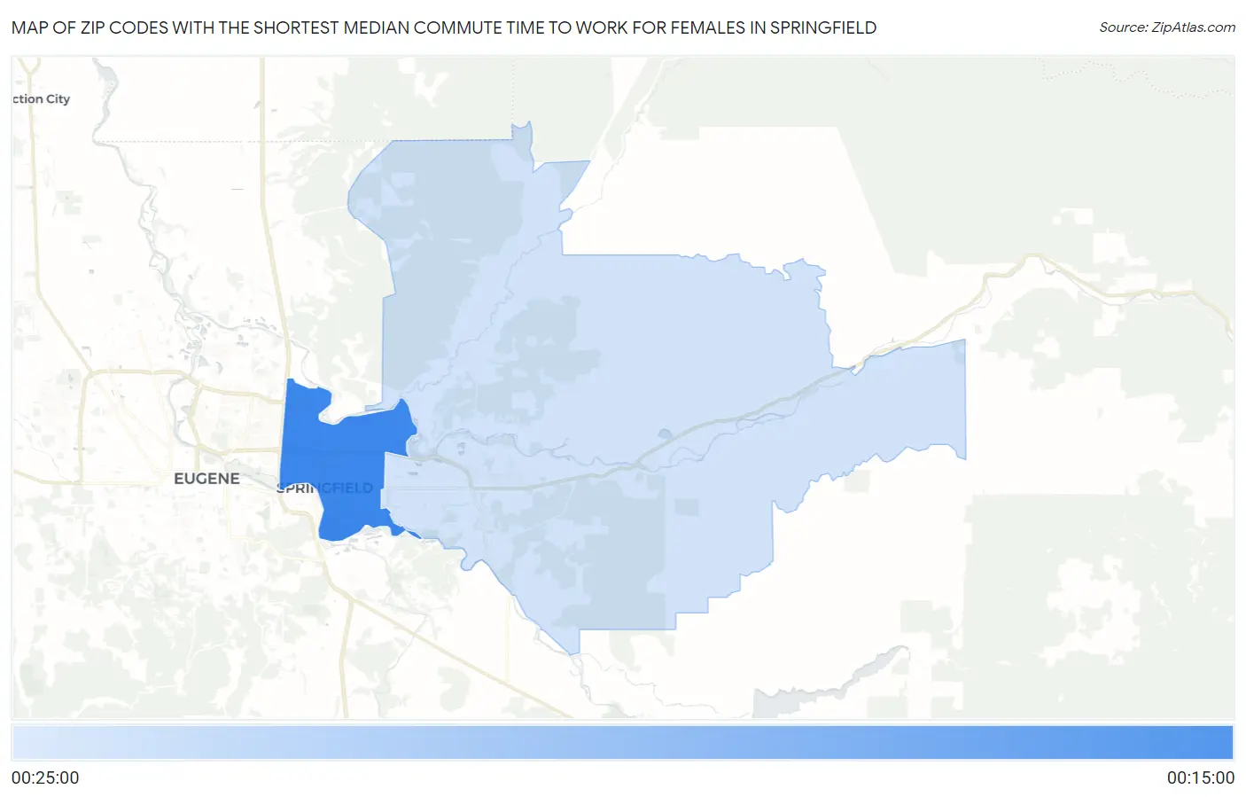 Zip Codes with the Shortest Median Commute Time to Work for Females in Springfield Map
