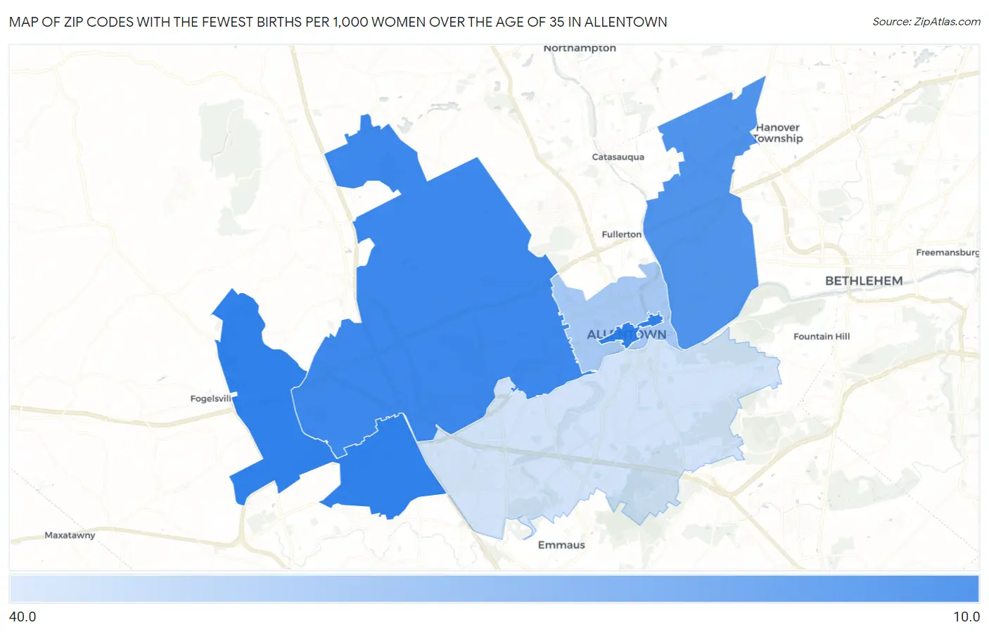 Zip Codes with the Fewest Births per 1,000 Women Over the Age of 35 in Allentown Map