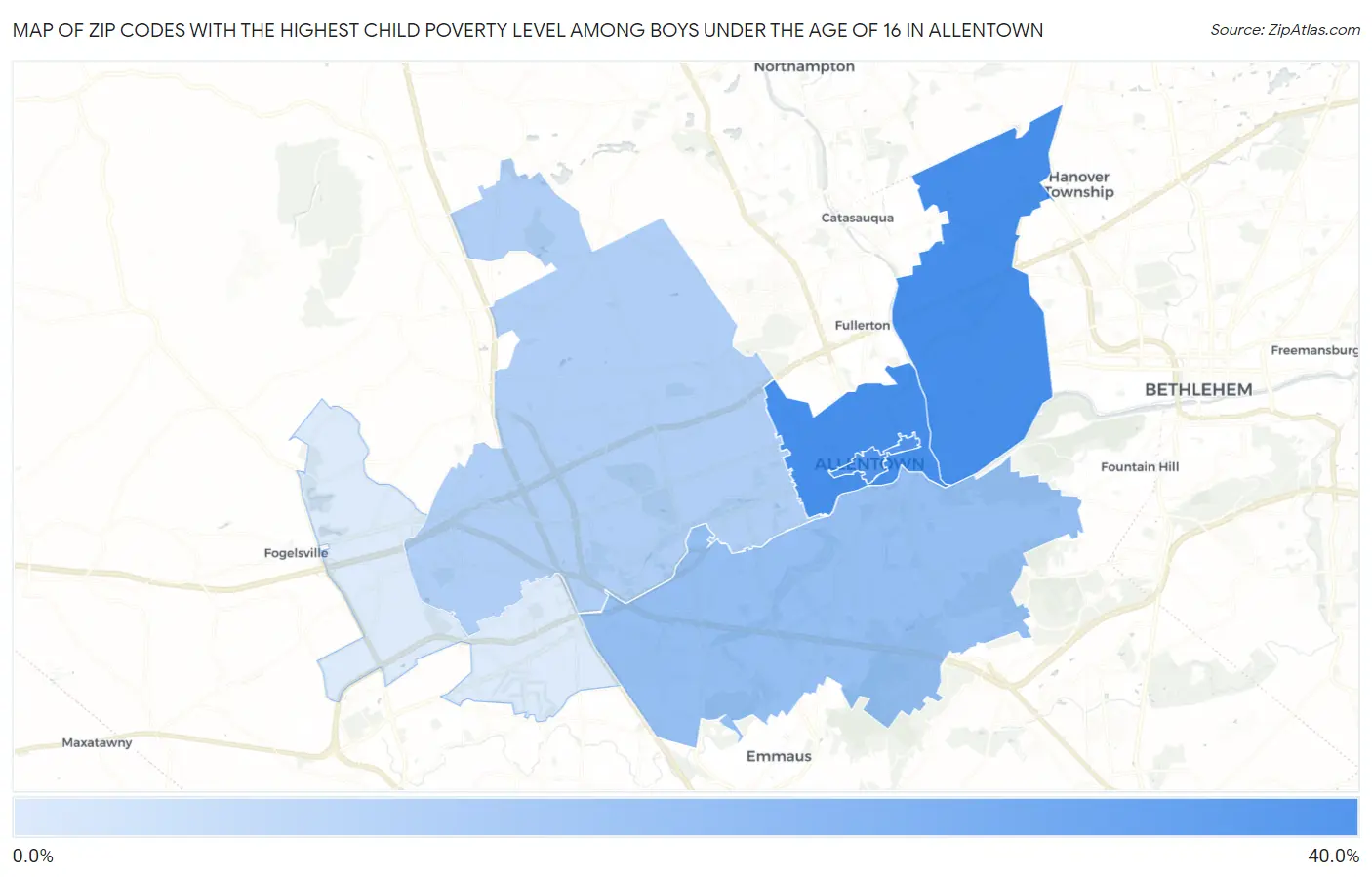 Zip Codes with the Highest Child Poverty Level Among Boys Under the Age of 16 in Allentown Map