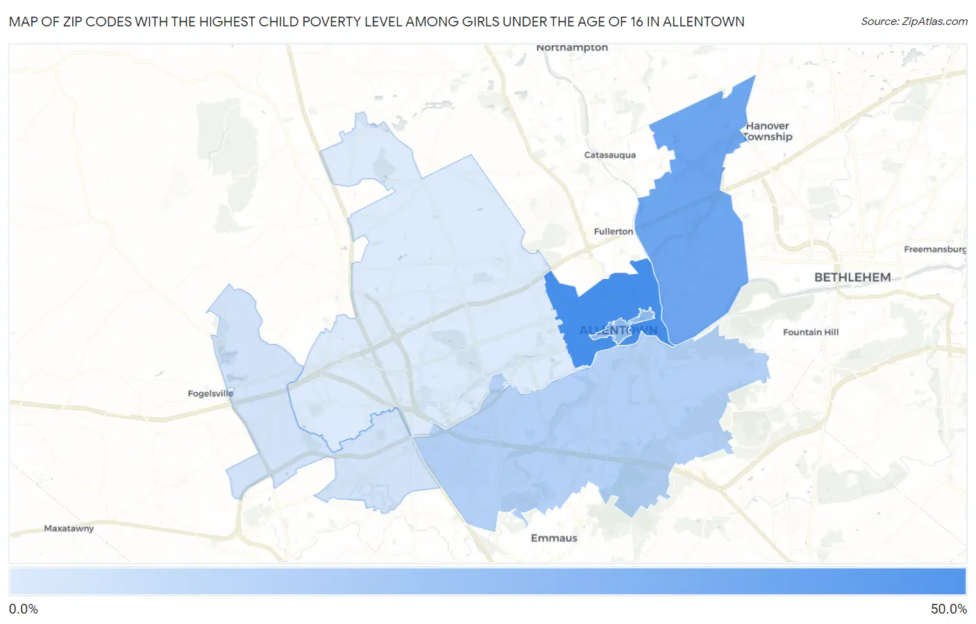 Zip Codes with the Highest Child Poverty Level Among Girls Under the Age of 16 in Allentown Map