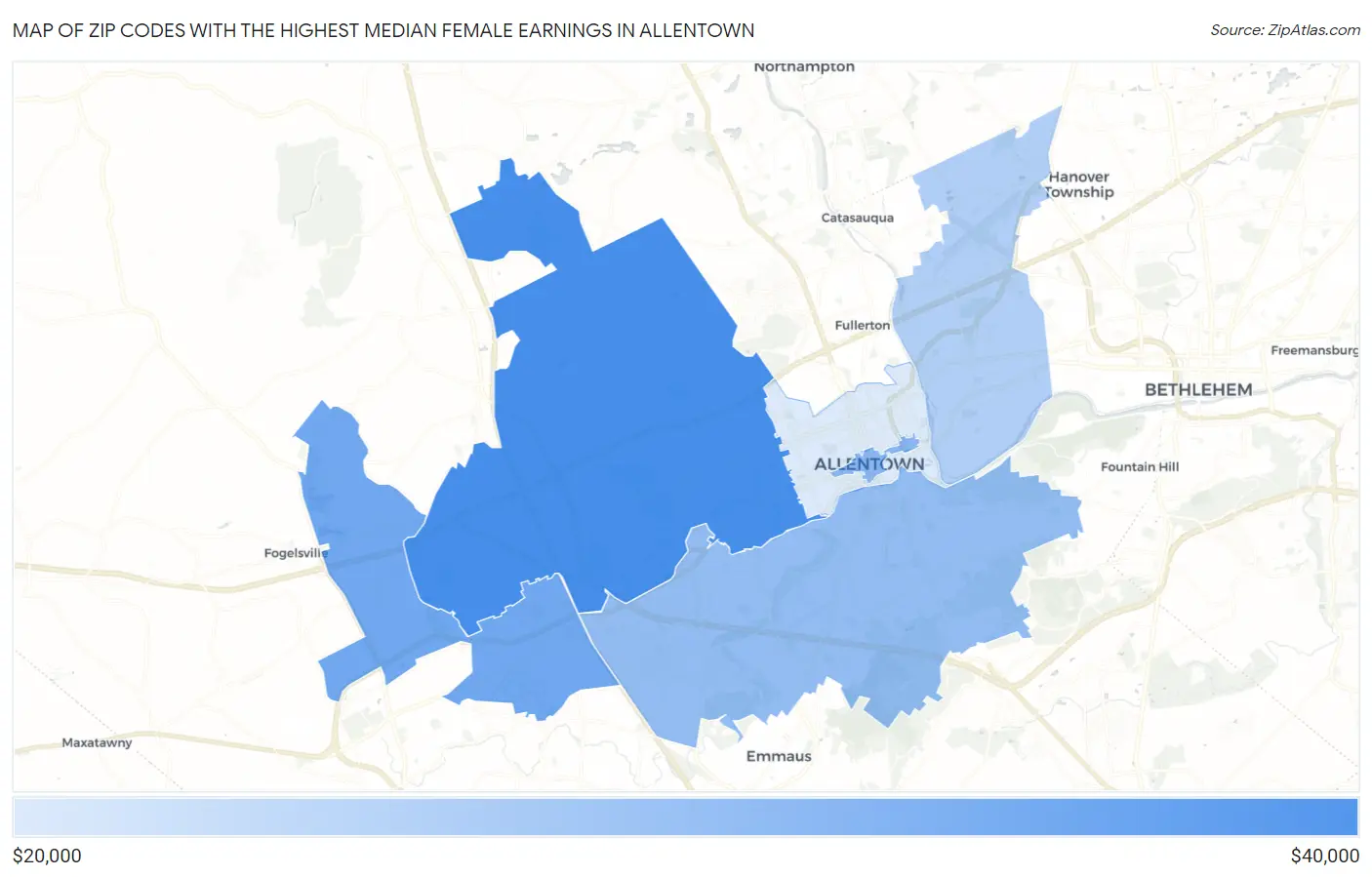 Zip Codes with the Highest Median Female Earnings in Allentown Map