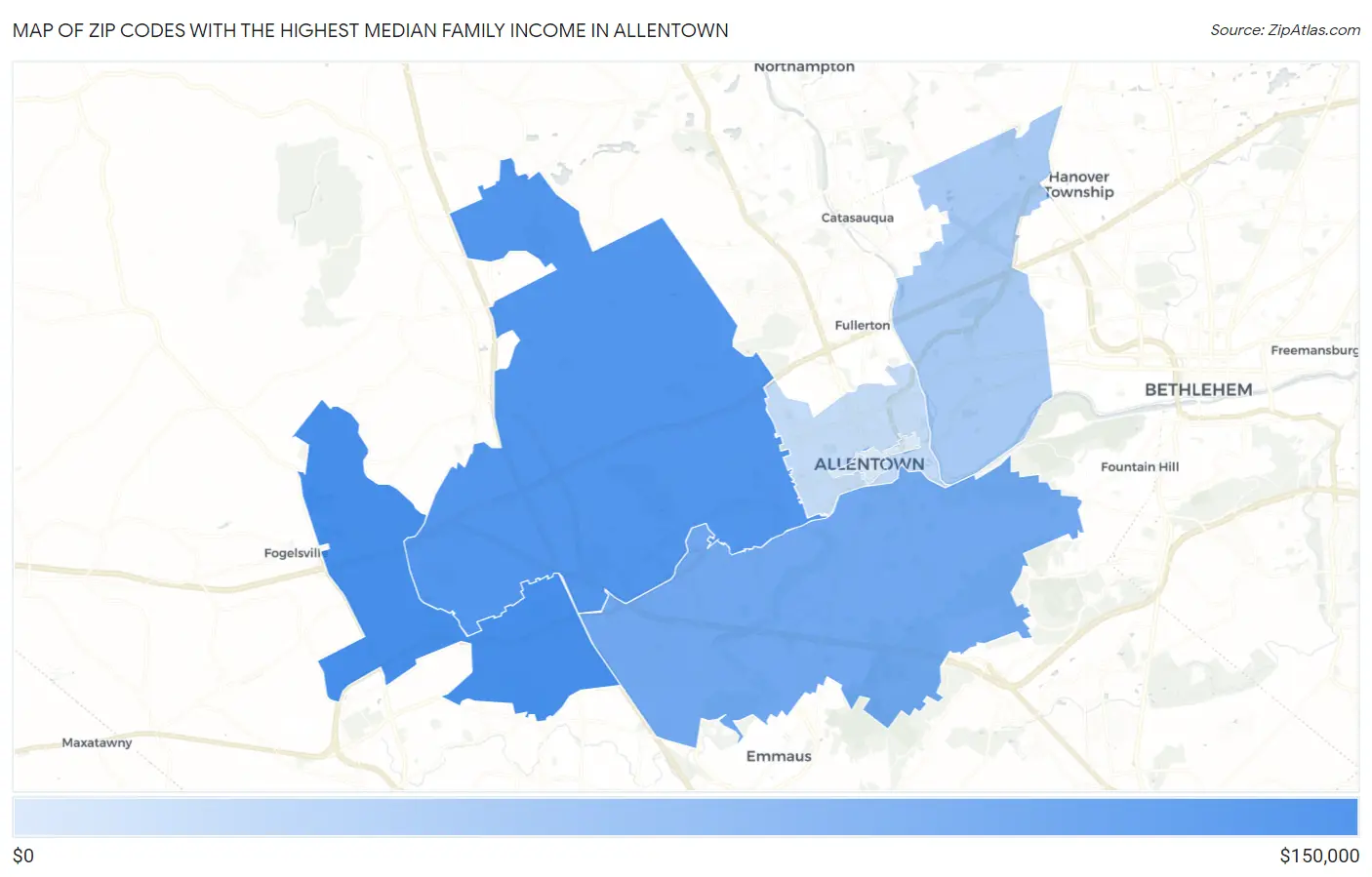 Zip Codes with the Highest Median Family Income in Allentown Map