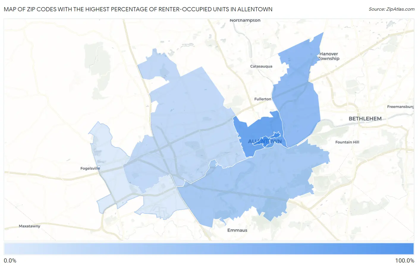 Zip Codes with the Highest Percentage of Renter-Occupied Units in Allentown Map