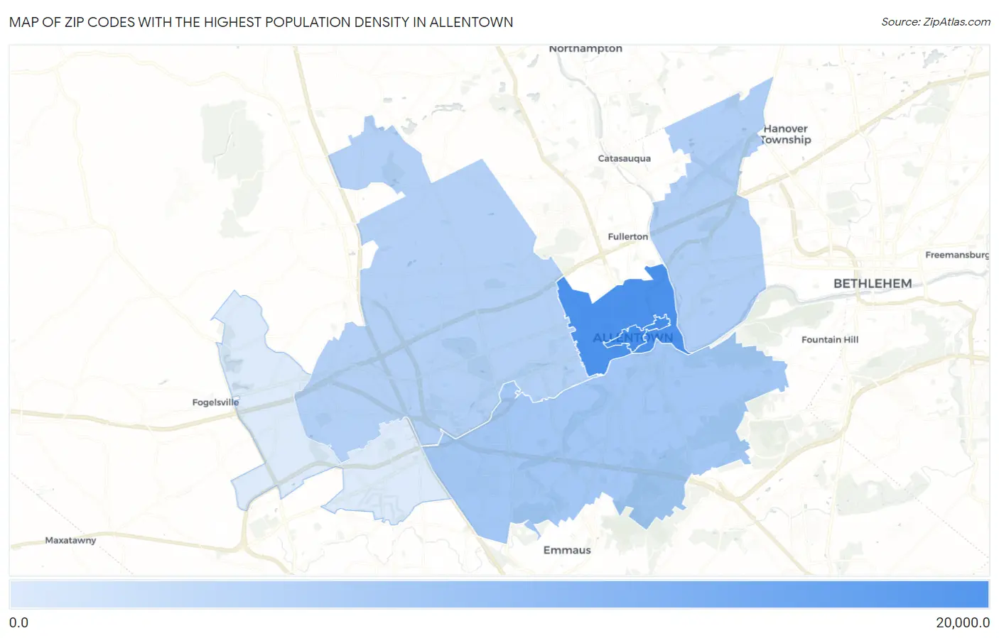 Zip Codes with the Highest Population Density in Allentown Map