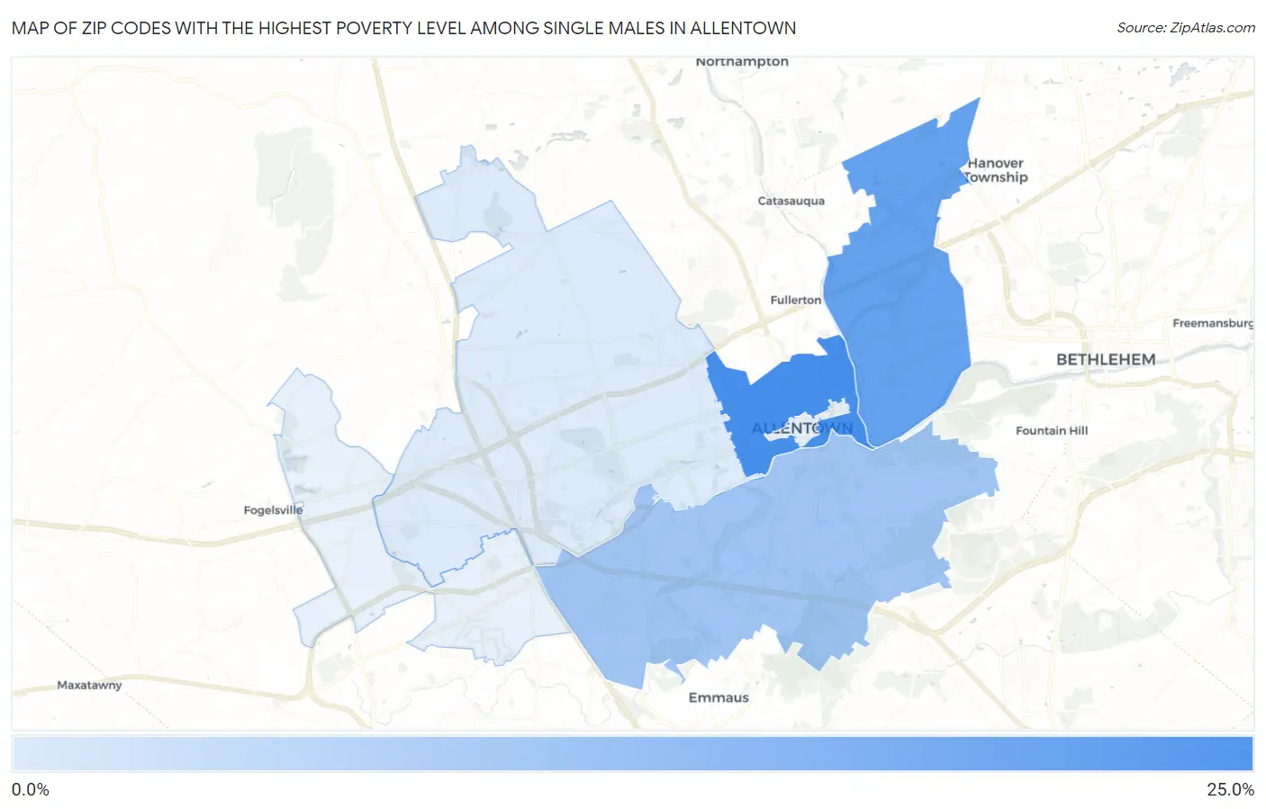 Zip Codes with the Highest Poverty Level Among Single Males in Allentown Map