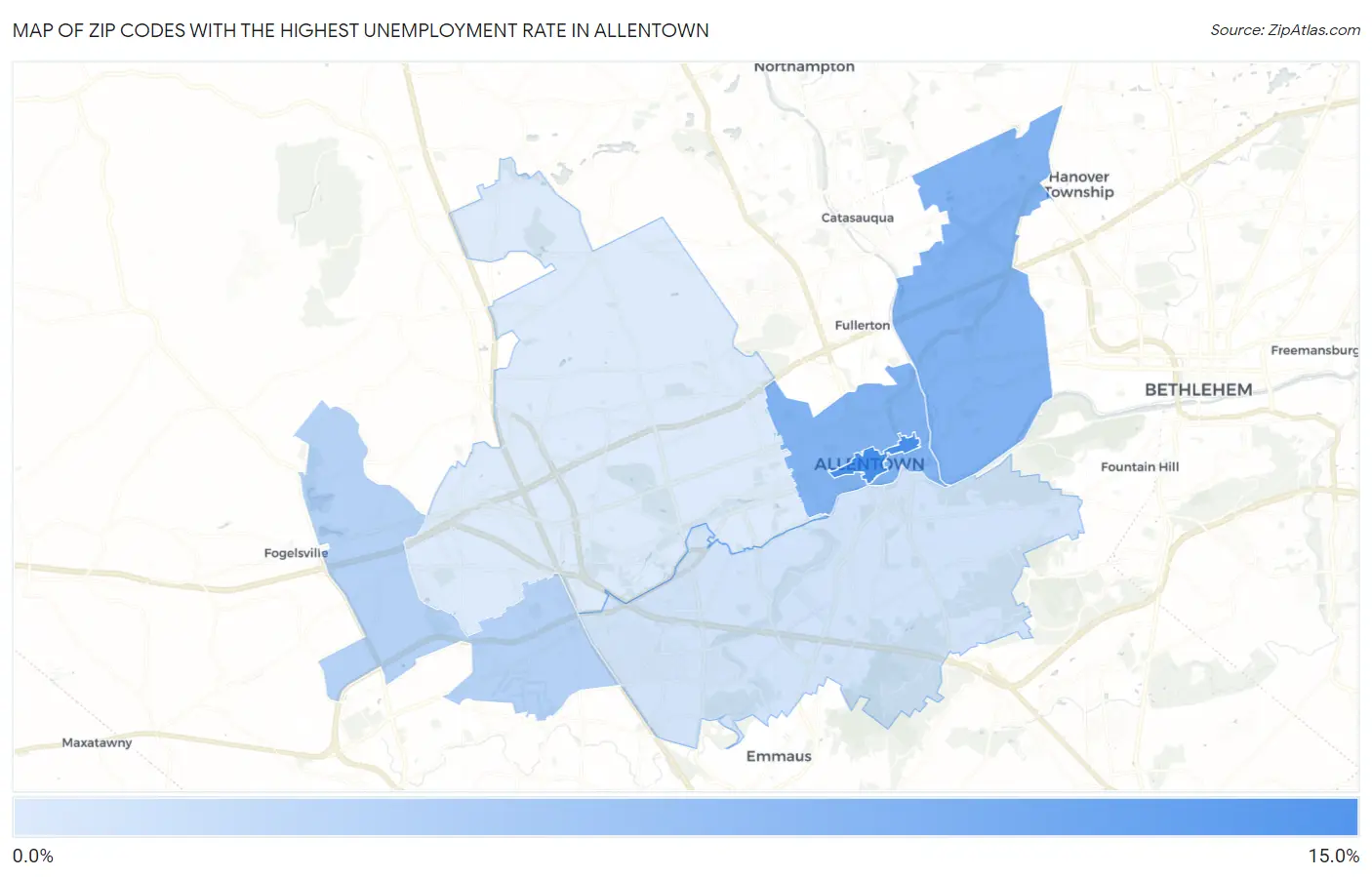 Zip Codes with the Highest Unemployment Rate in Allentown Map