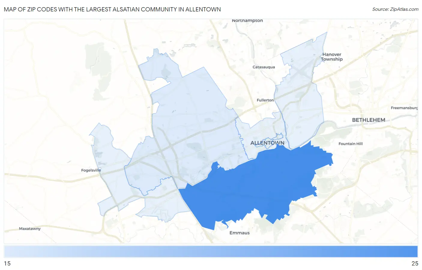 Zip Codes with the Largest Alsatian Community in Allentown Map