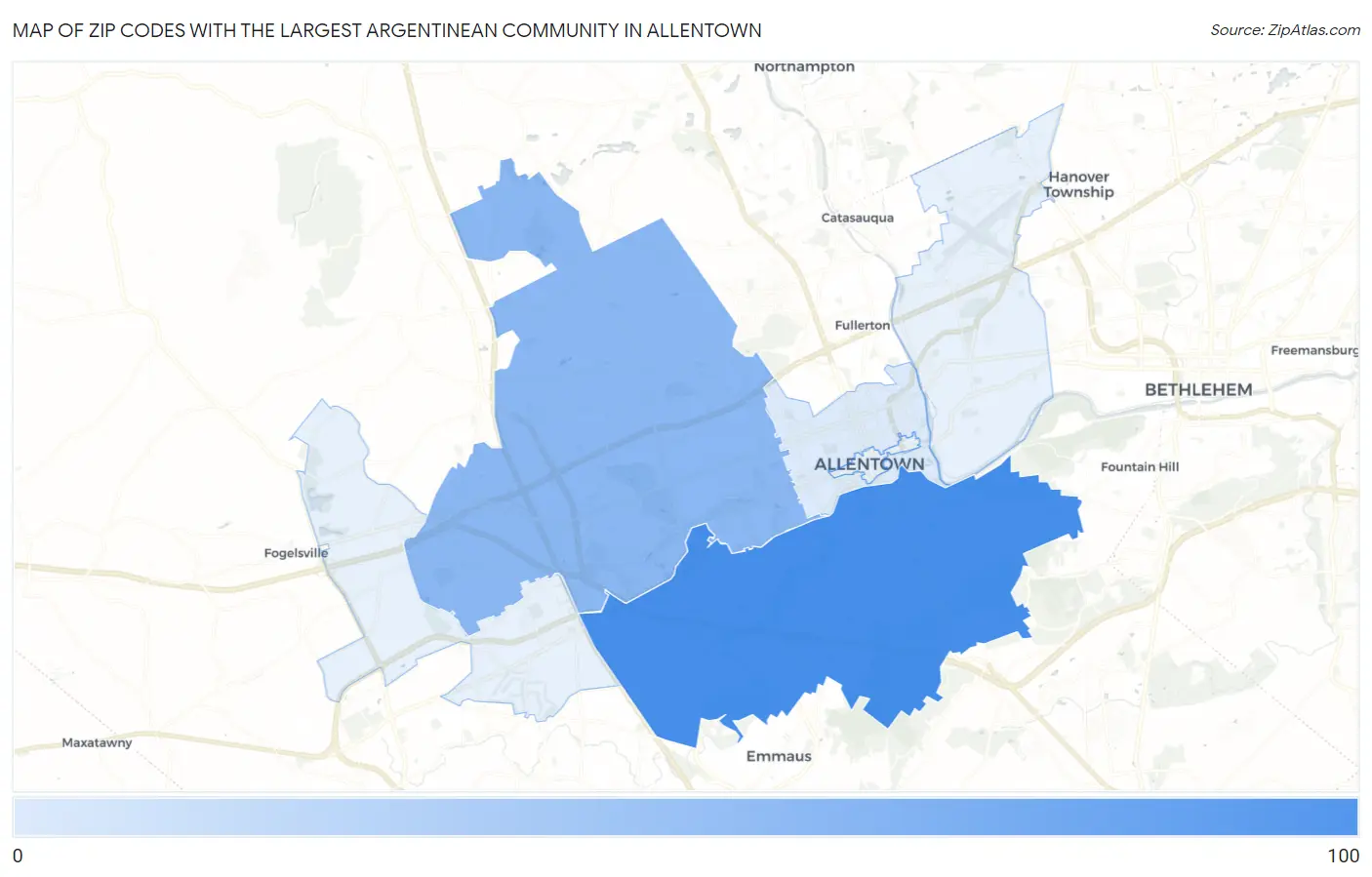Zip Codes with the Largest Argentinean Community in Allentown Map