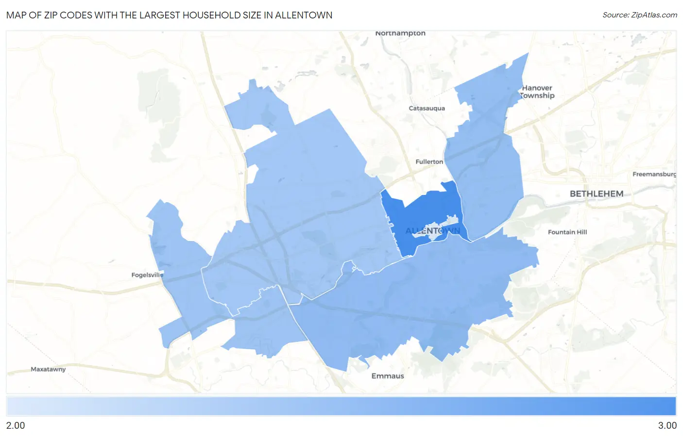 Zip Codes with the Largest Household Size in Allentown Map