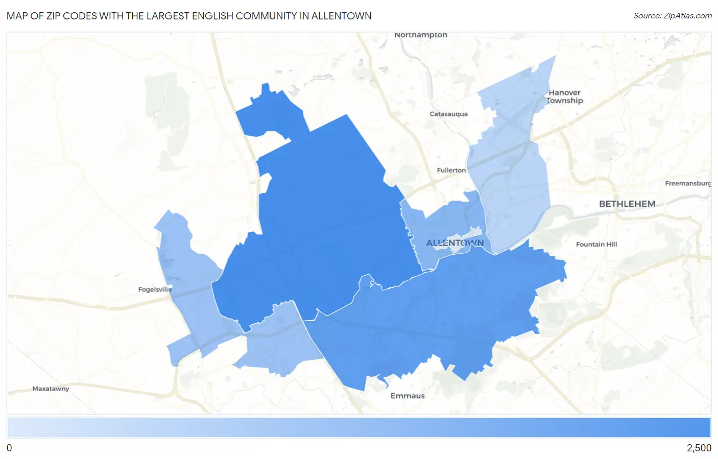 Zip Codes with the Largest English Community in Allentown Map