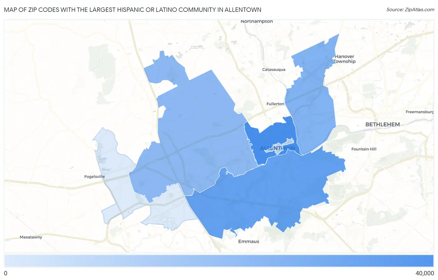 Zip Codes with the Largest Hispanic or Latino Community in Allentown Map