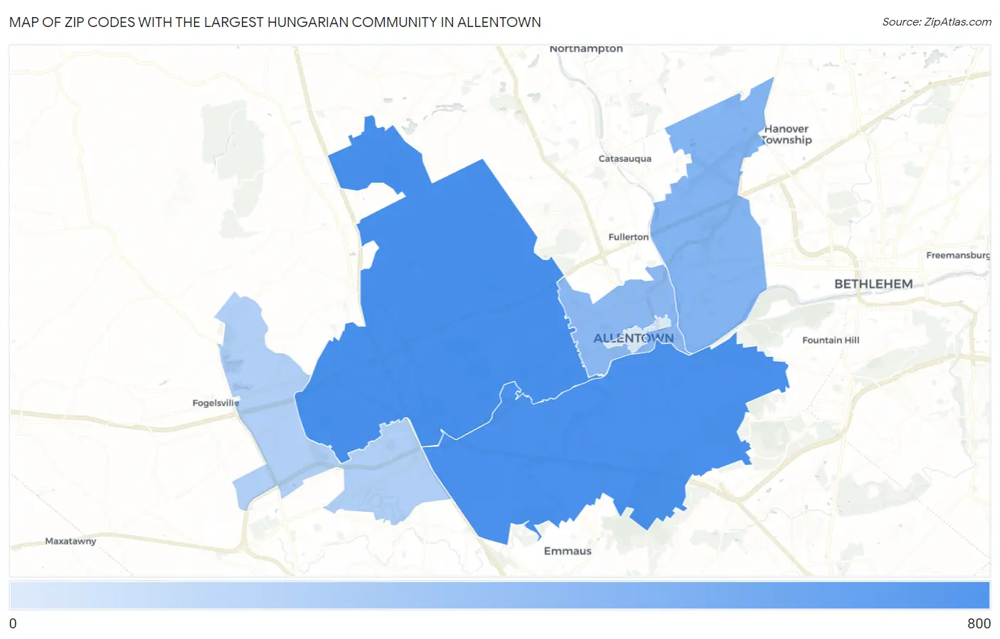 Zip Codes with the Largest Hungarian Community in Allentown Map