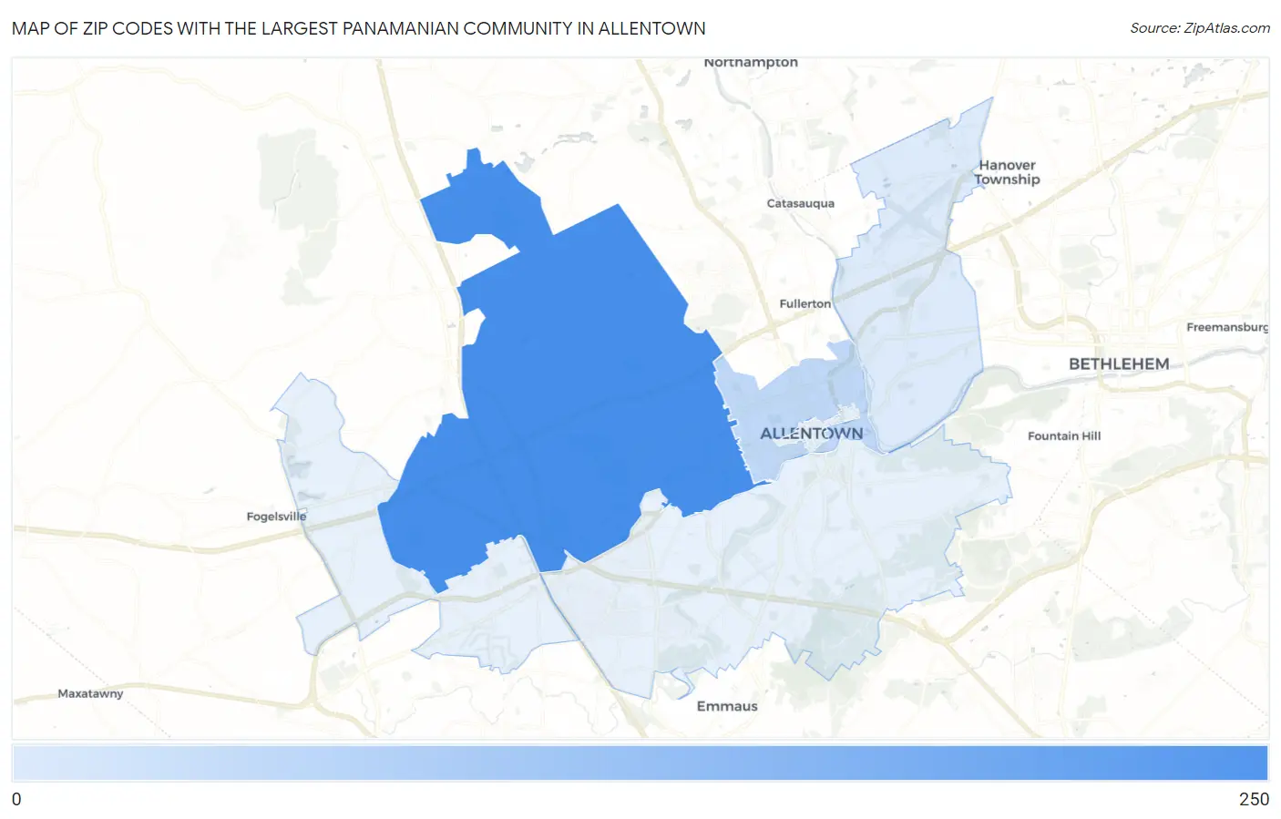 Zip Codes with the Largest Panamanian Community in Allentown Map