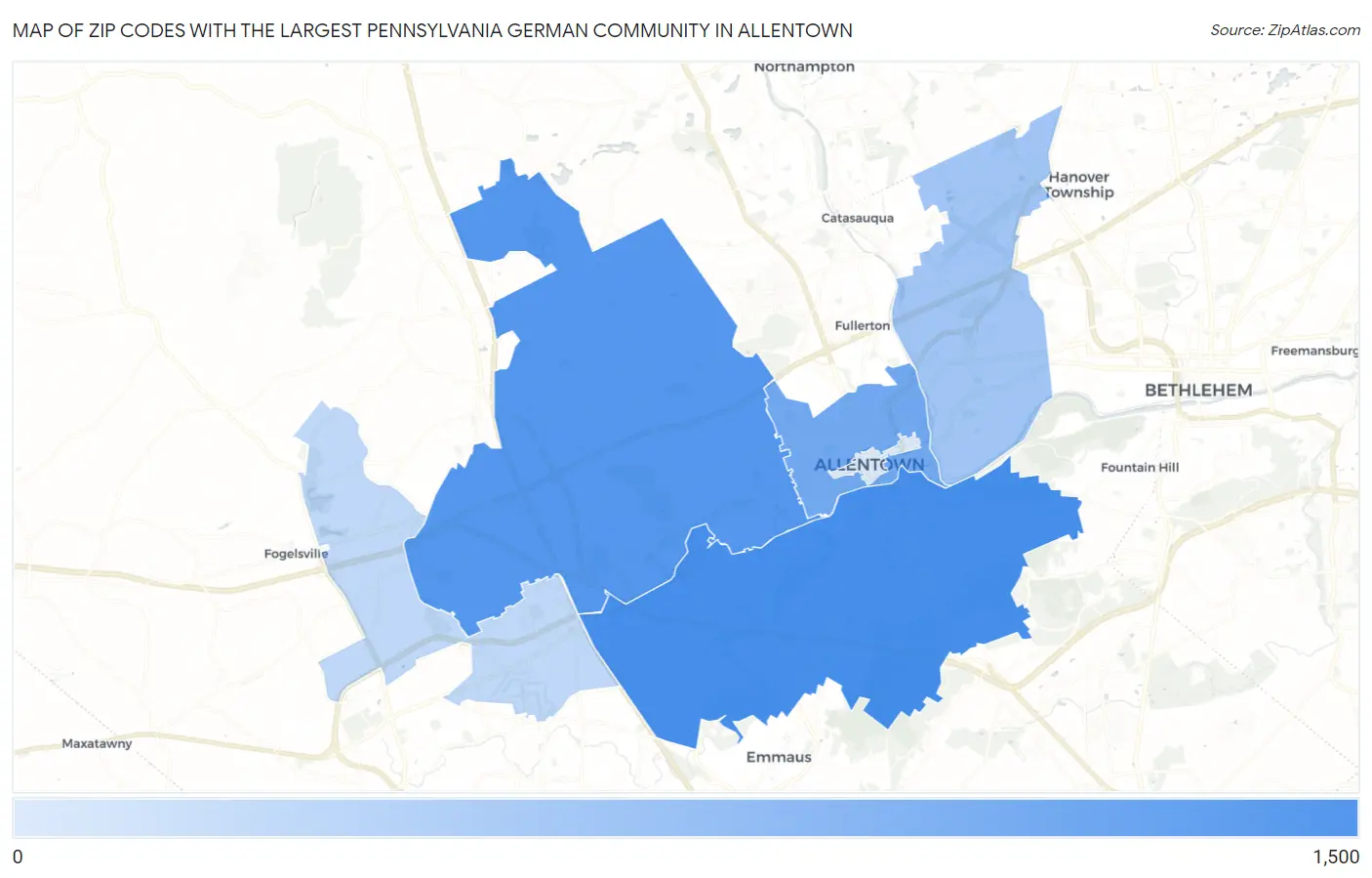 Zip Codes with the Largest Pennsylvania German Community in Allentown Map