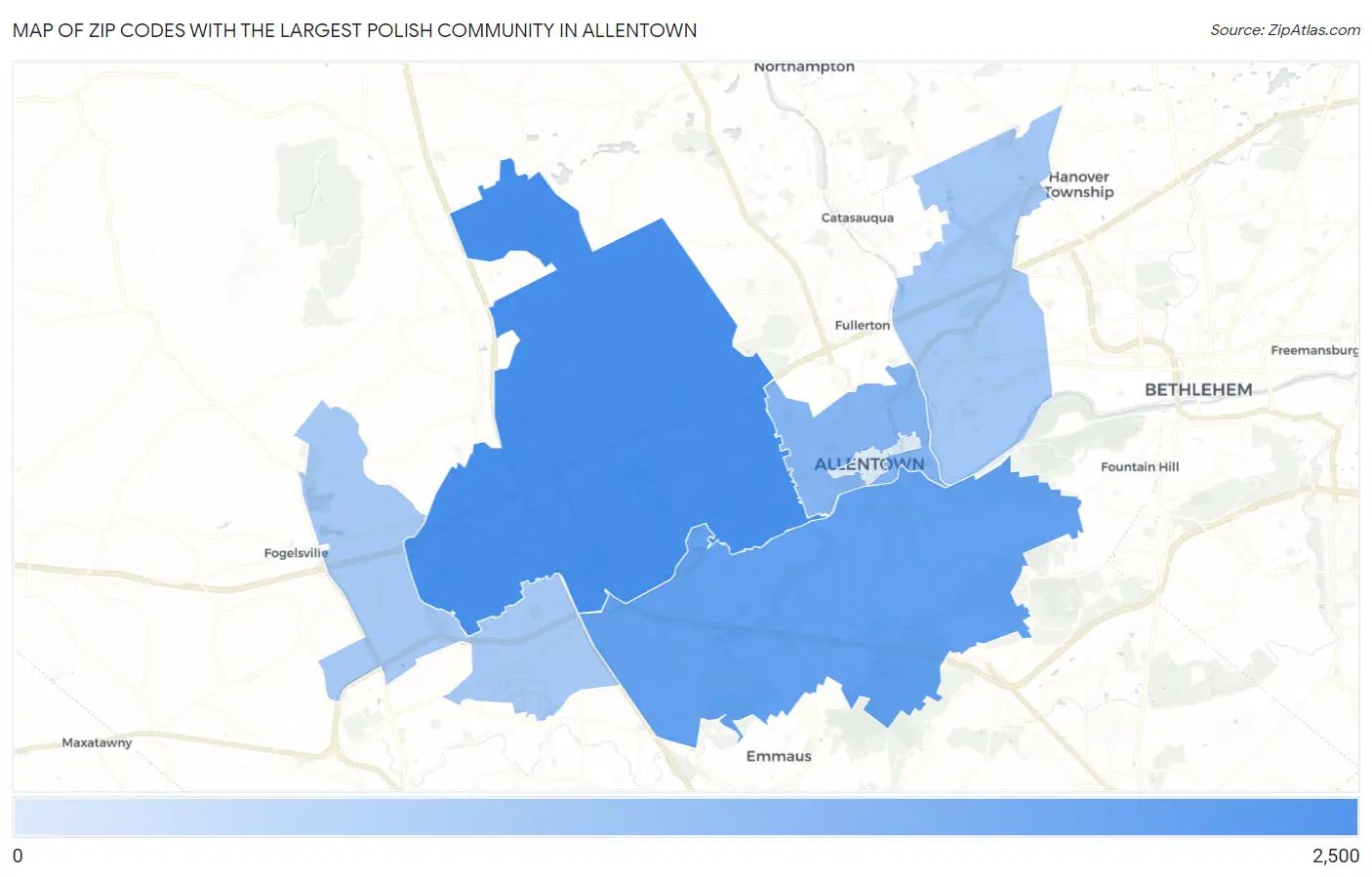 Zip Codes with the Largest Polish Community in Allentown Map