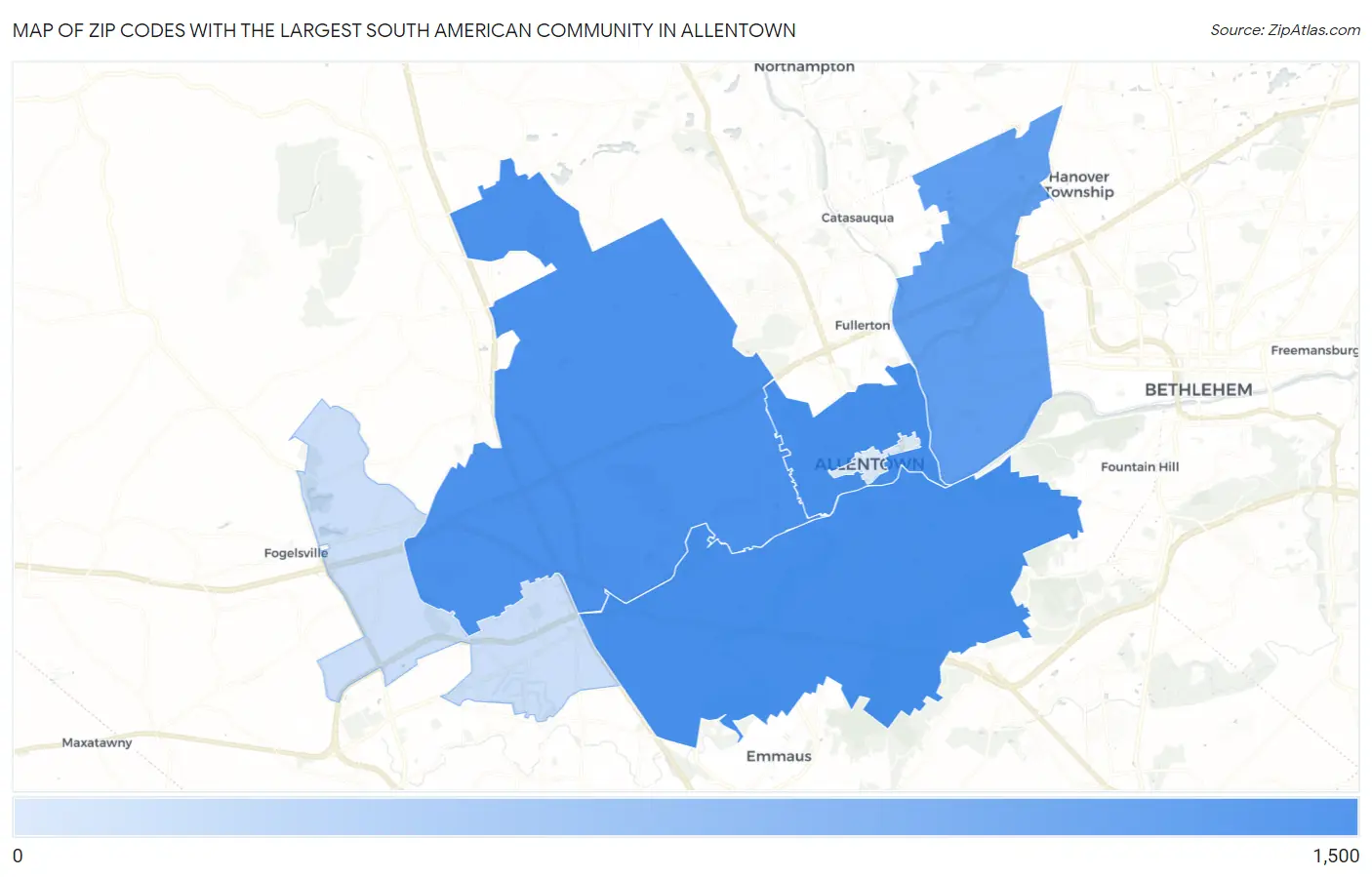 Zip Codes with the Largest South American Community in Allentown Map