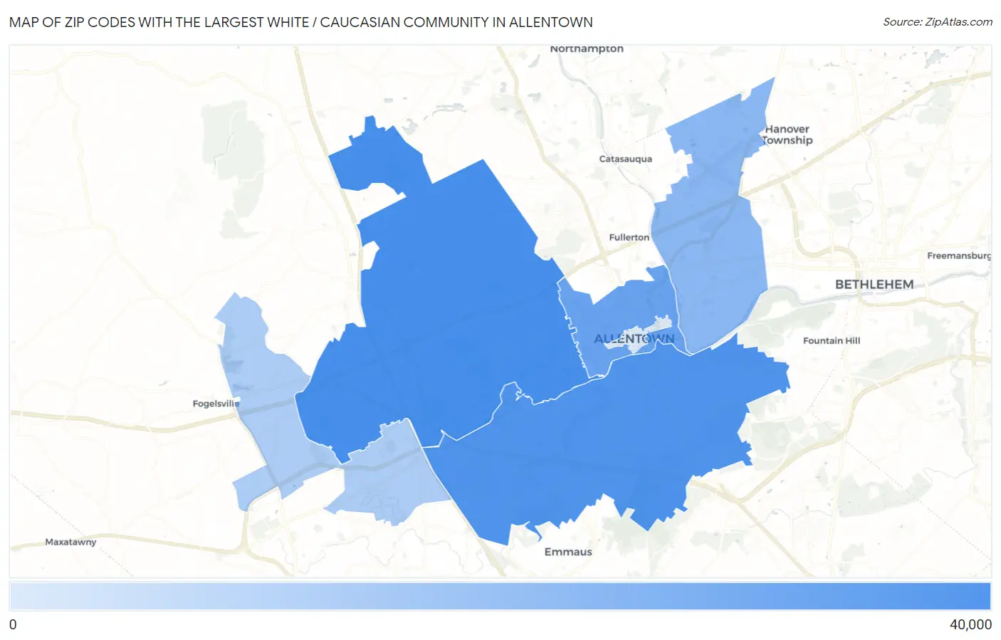 Zip Codes with the Largest White / Caucasian Community in Allentown Map
