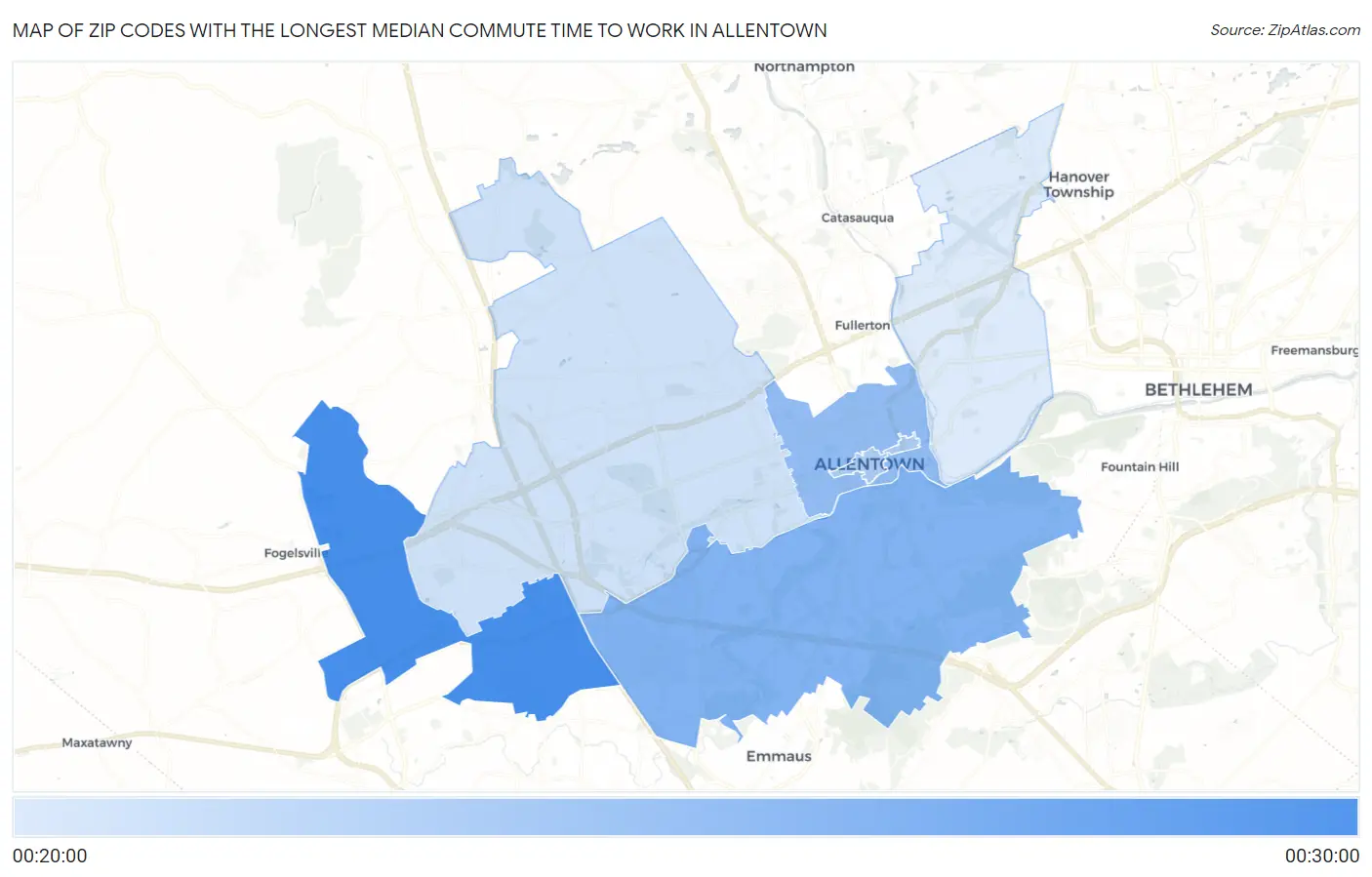 Zip Codes with the Longest Median Commute Time to Work in Allentown Map