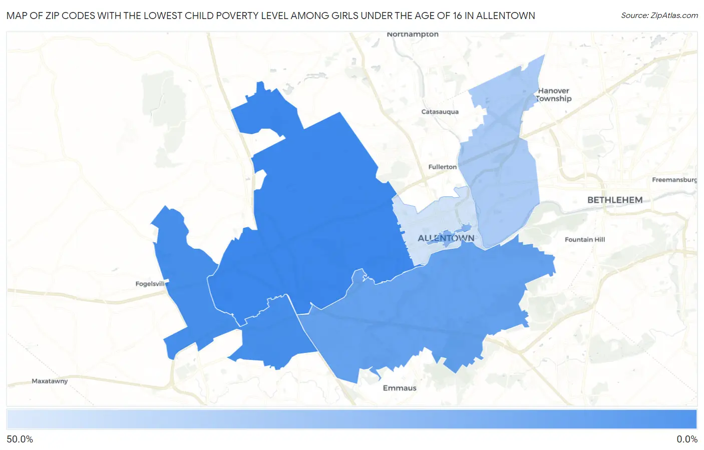 Zip Codes with the Lowest Child Poverty Level Among Girls Under the Age of 16 in Allentown Map