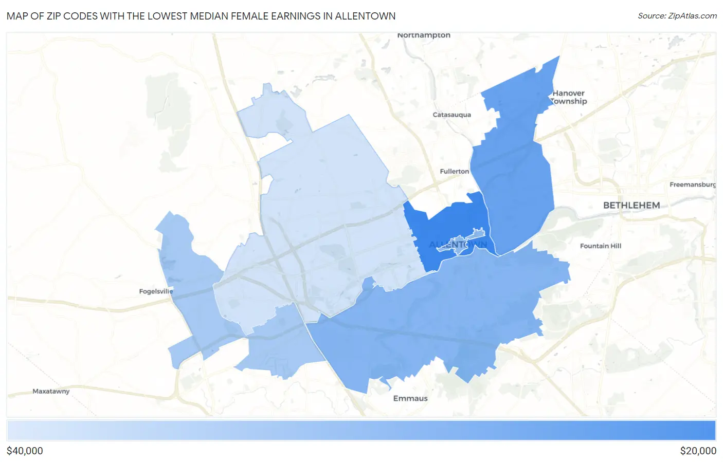 Zip Codes with the Lowest Median Female Earnings in Allentown Map