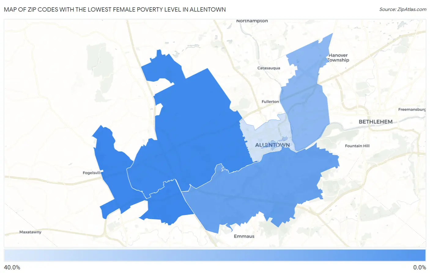Zip Codes with the Lowest Female Poverty Level in Allentown Map