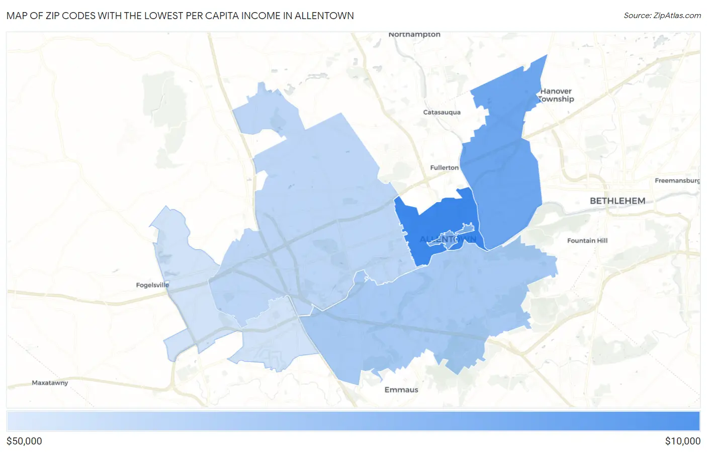 Zip Codes with the Lowest Per Capita Income in Allentown Map