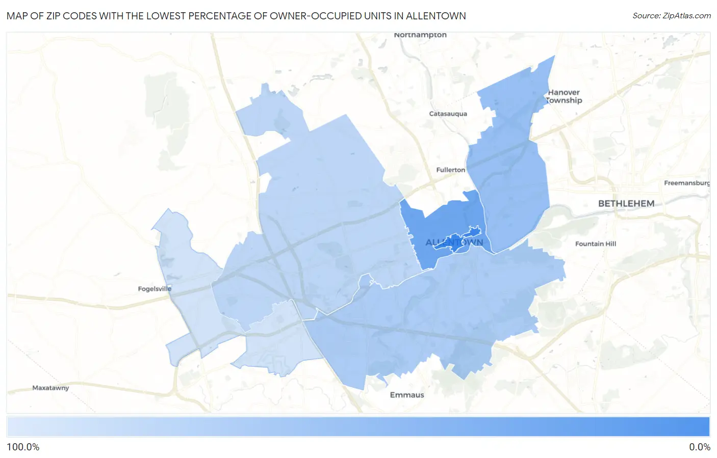 Zip Codes with the Lowest Percentage of Owner-Occupied Units in Allentown Map