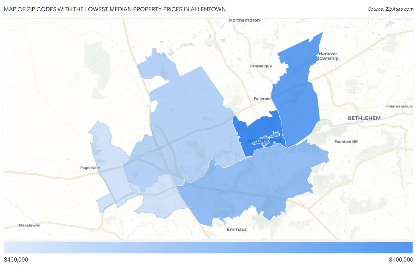 Zip Codes with the Lowest Median Property Prices in Allentown Map