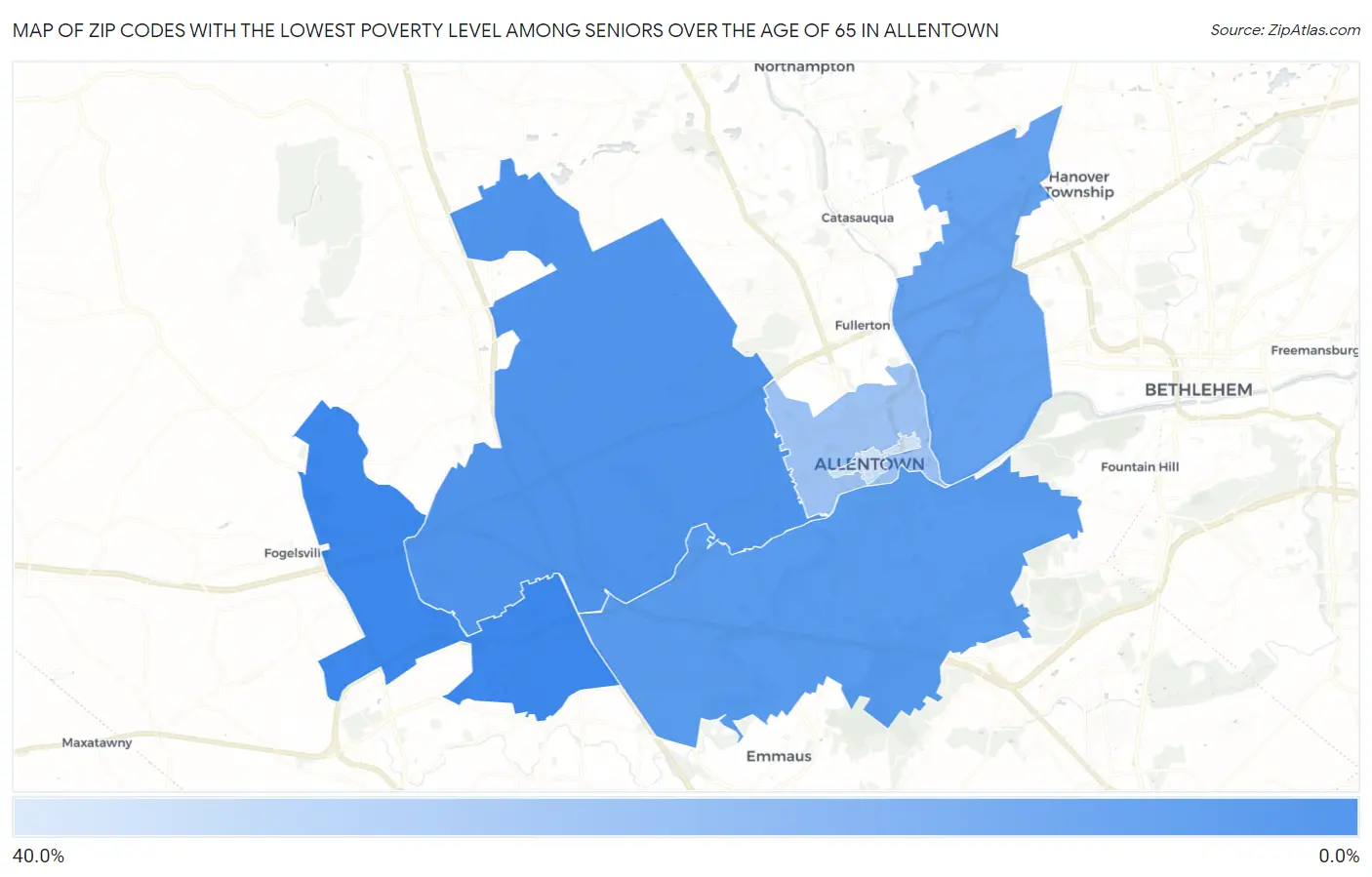 Zip Codes with the Lowest Poverty Level Among Seniors Over the Age of 65 in Allentown Map