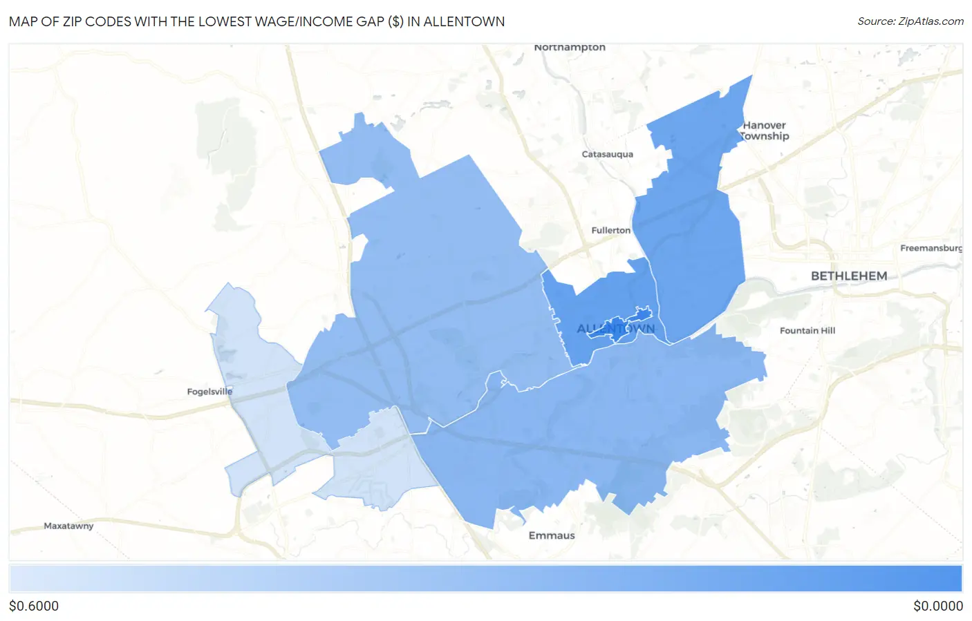 Zip Codes with the Lowest Wage/Income Gap ($) in Allentown Map