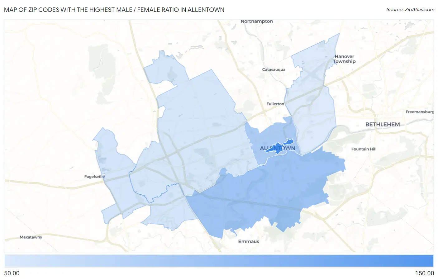 Zip Codes with the Highest Male / Female Ratio in Allentown Map