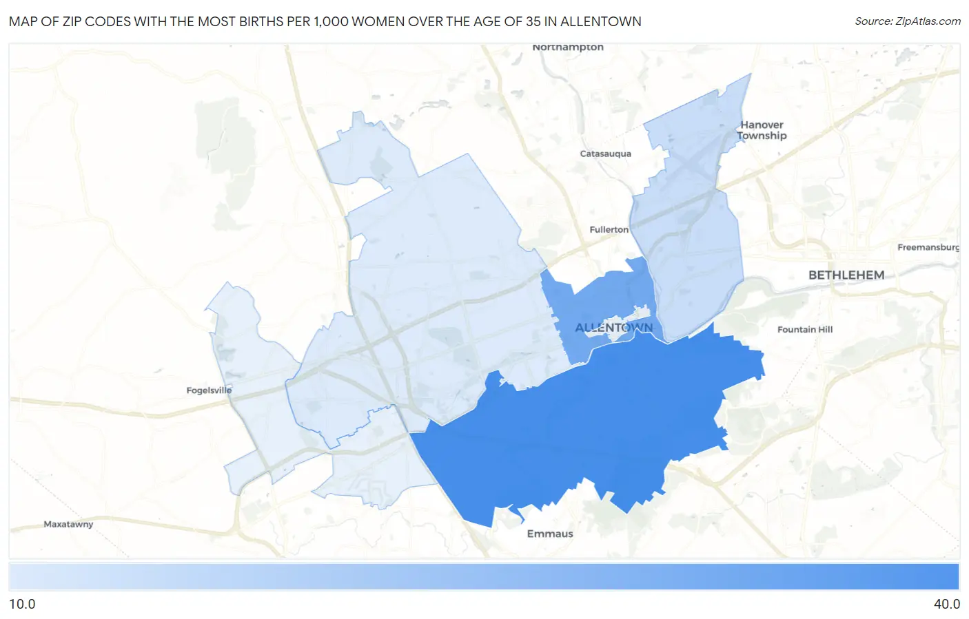 Zip Codes with the Most Births per 1,000 Women Over the Age of 35 in Allentown Map