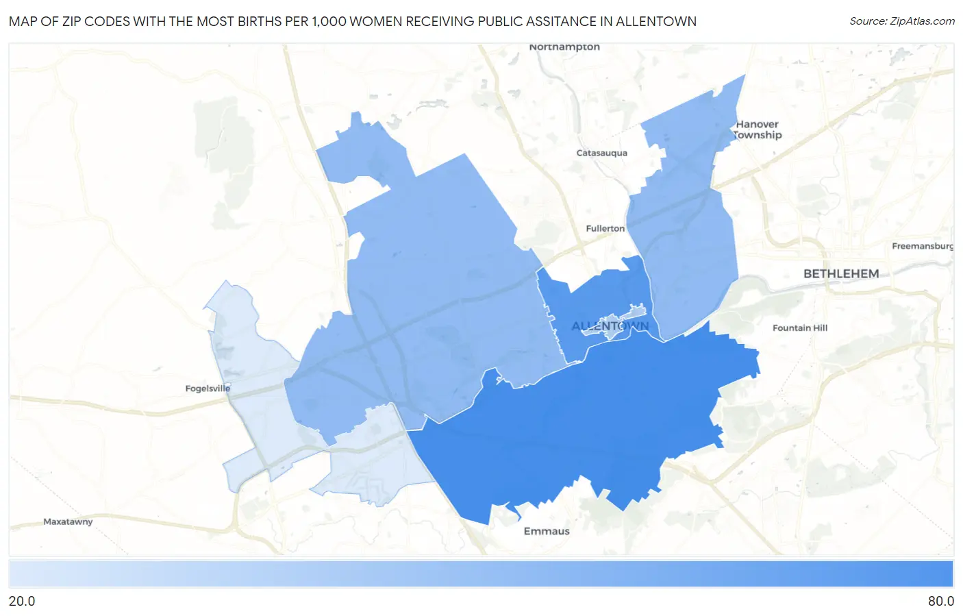 Zip Codes with the Most Births per 1,000 Women Receiving Public Assitance in Allentown Map