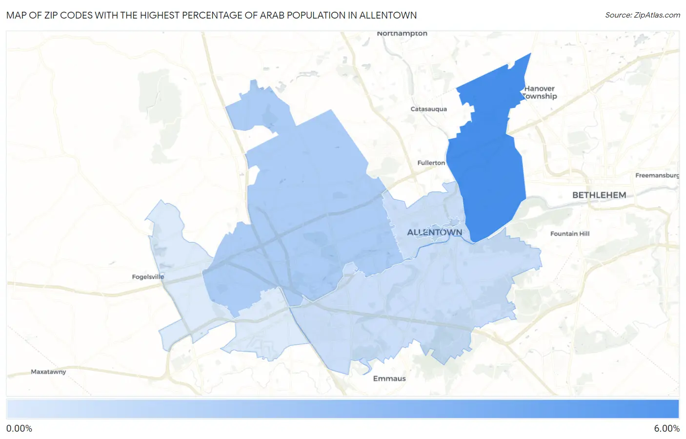 Zip Codes with the Highest Percentage of Arab Population in Allentown Map