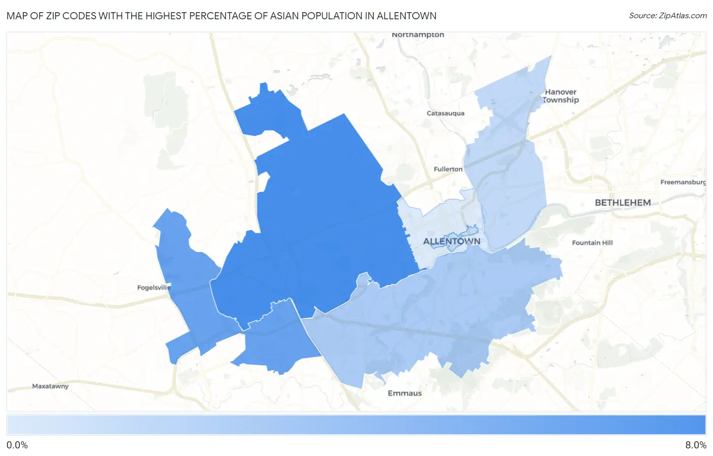 Zip Codes with the Highest Percentage of Asian Population in Allentown Map