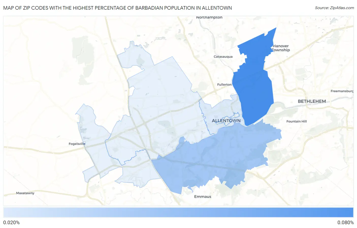Zip Codes with the Highest Percentage of Barbadian Population in Allentown Map
