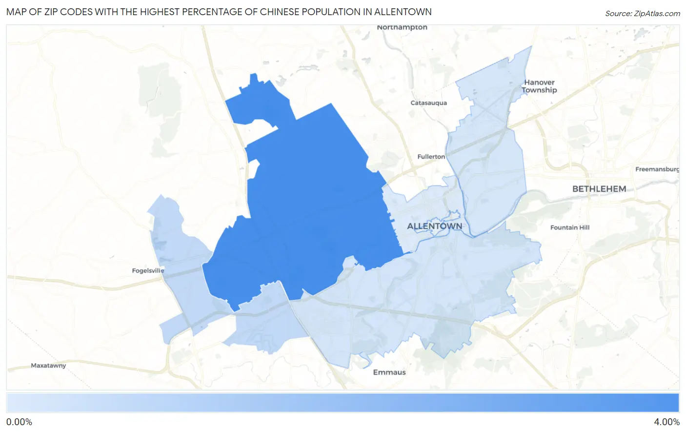 Zip Codes with the Highest Percentage of Chinese Population in Allentown Map