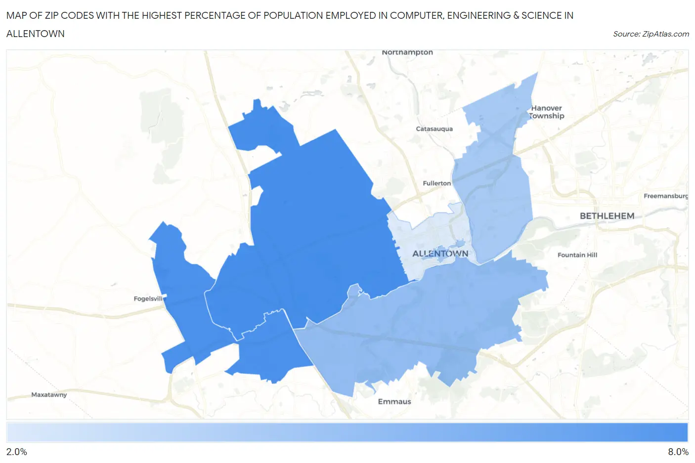 Zip Codes with the Highest Percentage of Population Employed in Computer, Engineering & Science in Allentown Map