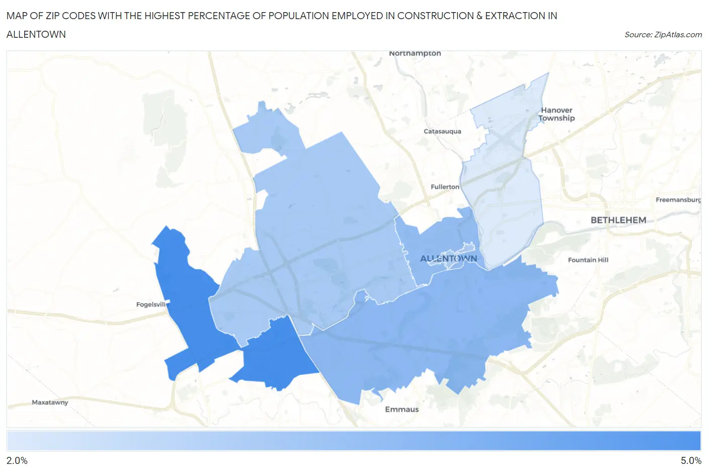 Zip Codes with the Highest Percentage of Population Employed in Construction & Extraction in Allentown Map