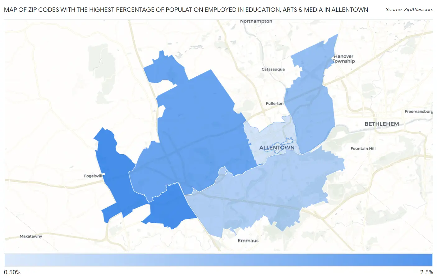 Zip Codes with the Highest Percentage of Population Employed in Education, Arts & Media in Allentown Map