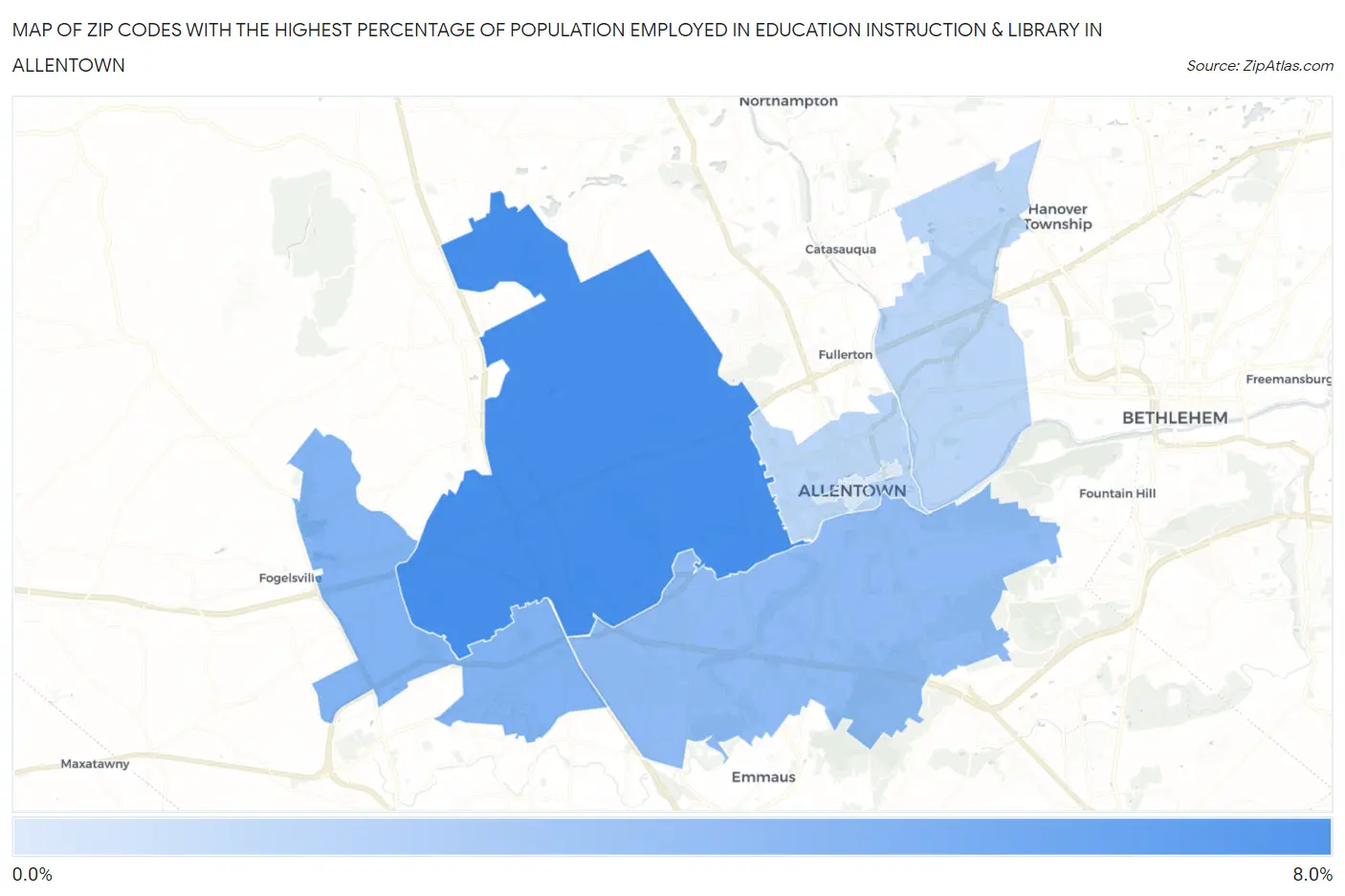Zip Codes with the Highest Percentage of Population Employed in Education Instruction & Library in Allentown Map