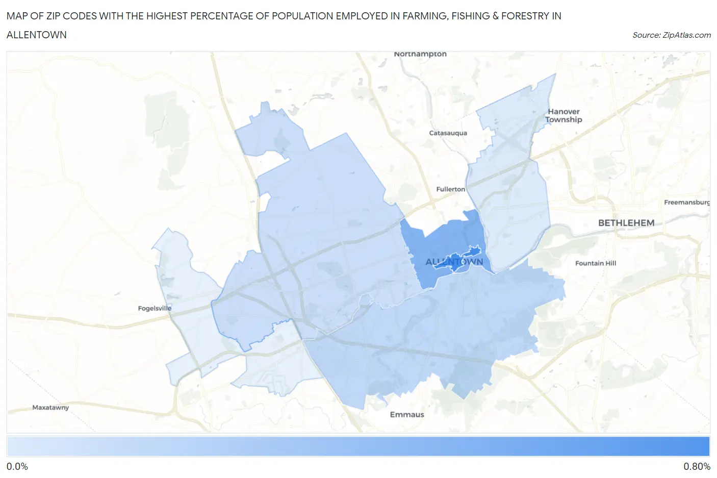 Zip Codes with the Highest Percentage of Population Employed in Farming, Fishing & Forestry in Allentown Map